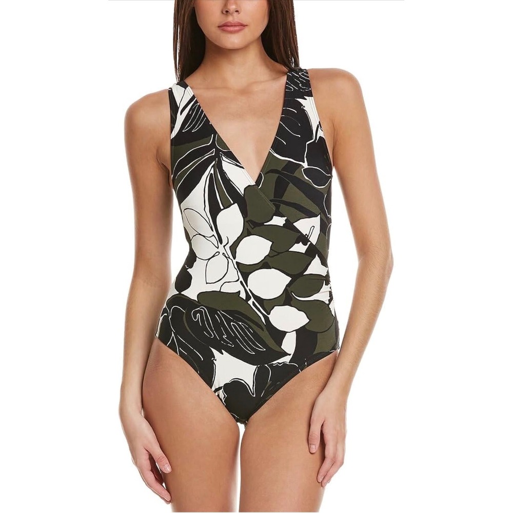 Carmen Marc Valvo Wild Plumeria One‎ Piece Swimsuit 12 Tropical Surplice NWOT
